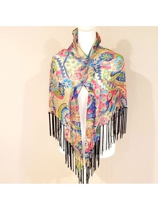 Cejon Accessories - Floral fringed shawl,wrap one size,polyester.